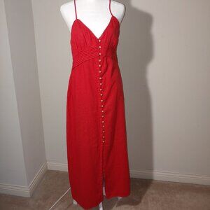 ZARA Linen Blend Spaghetti Straps Buttons Frons Maxi Dress Red